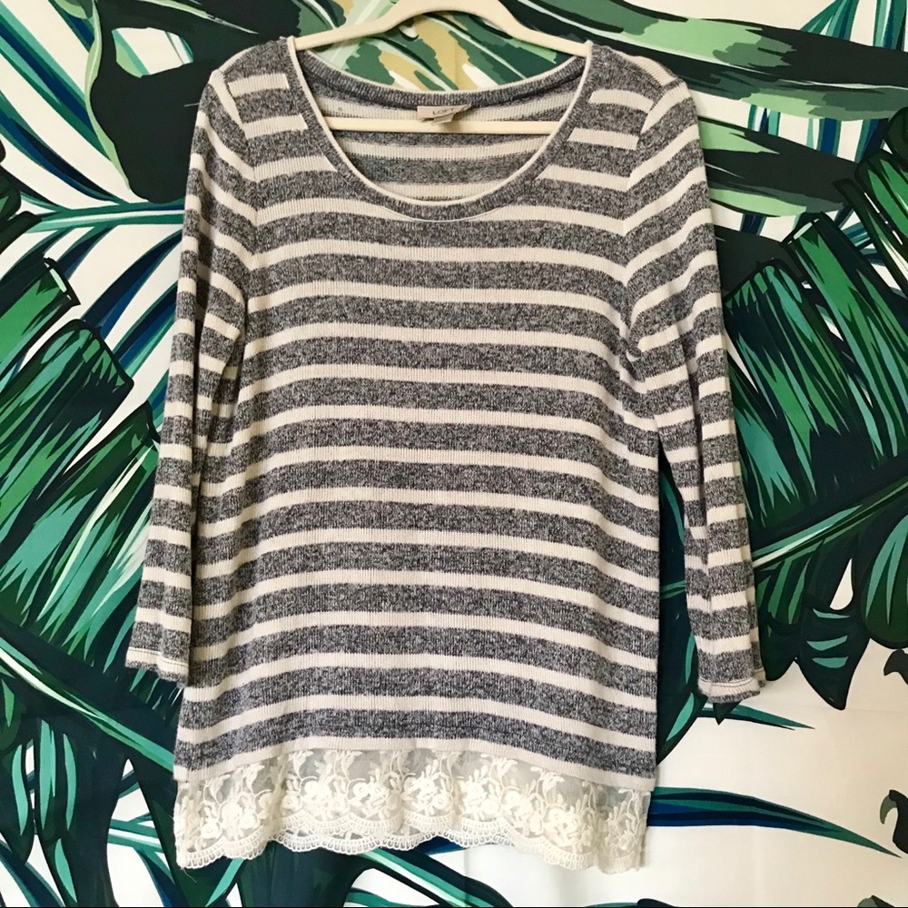 EUC Loft Stripped Sweater with Lace Hem
